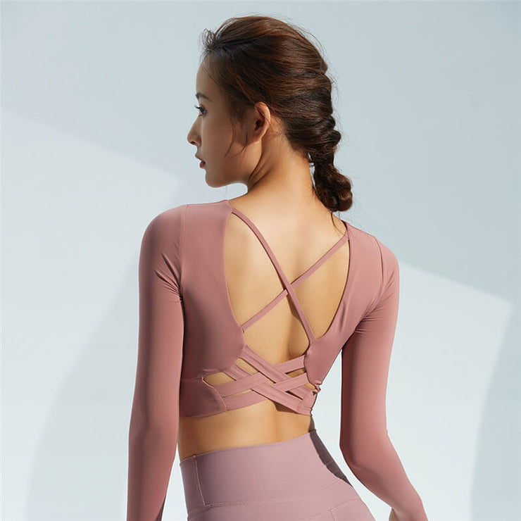 Lacy Strappy Backless Long Sleeve Active Top +Colors