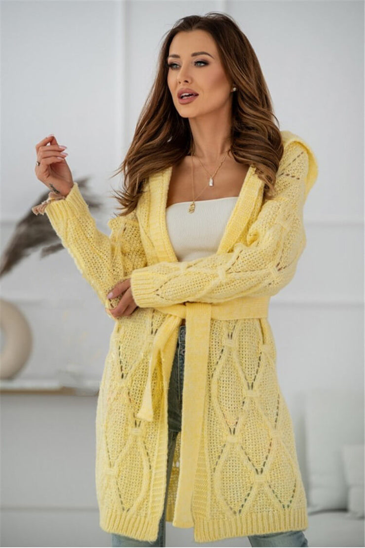Long Cozy Knitted Belted Hoodie Cardigan Sweater +COLORS