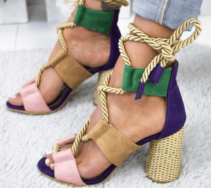 Color Block Rattan Rope Strap Heels Hot Glow Fashion