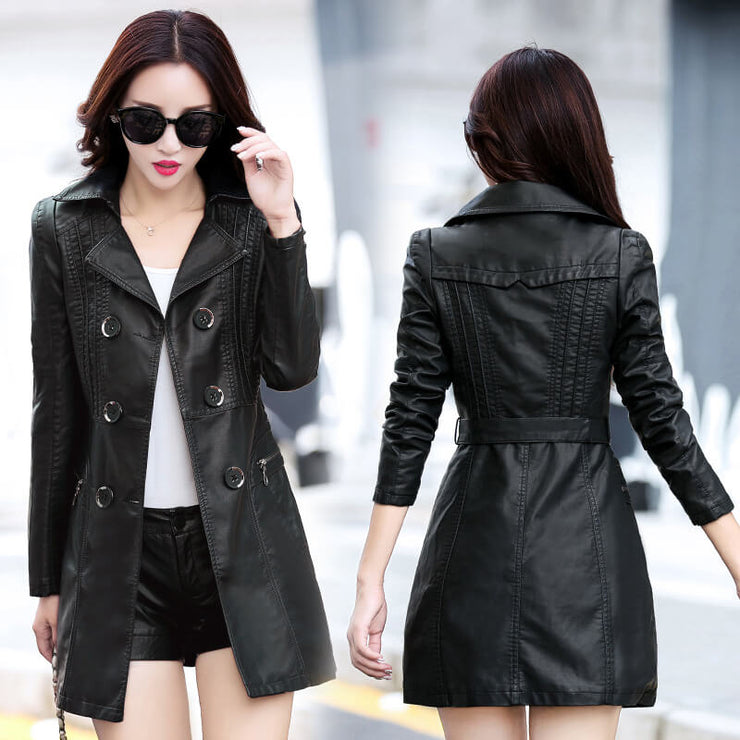 Faux Leather Black Trench Coat Jacket