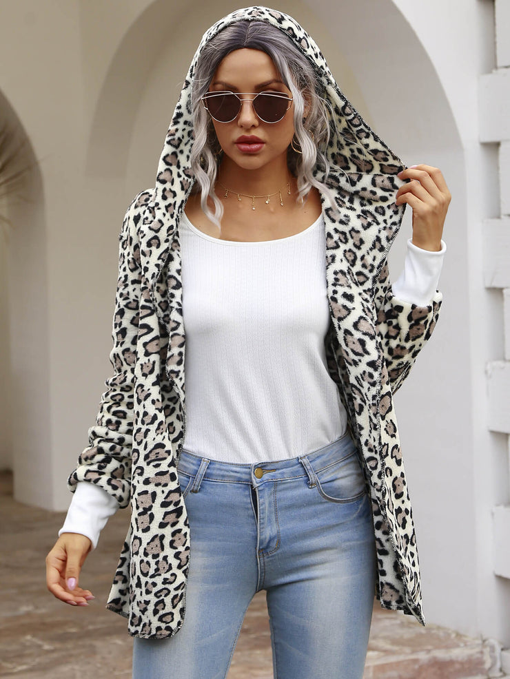 Warm Winter Leopard Print Hooded Cardigan Jacket