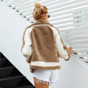 Teddy Faux Fur Color Block Jacket - Coffee and Caramel