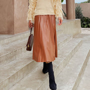 High Waist A-Line Pleated Faux Leather Skirt