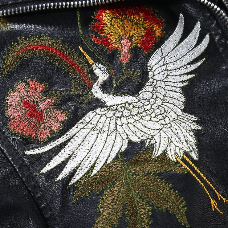 Alexandra Embroidered Faux Leather Biker Moto Jacket