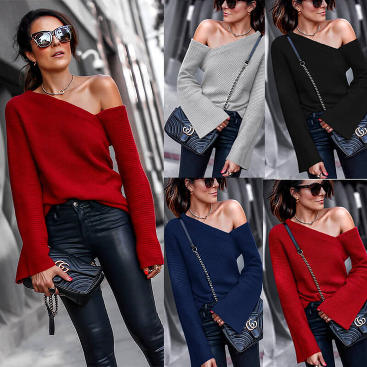 Flare Sleeve One Off Shoulder Sweater Top +COLORS
