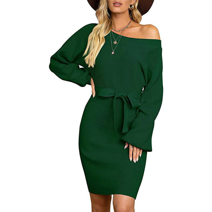 Cozy Cute Off Shoulder Casual Belted Dress +COLORS