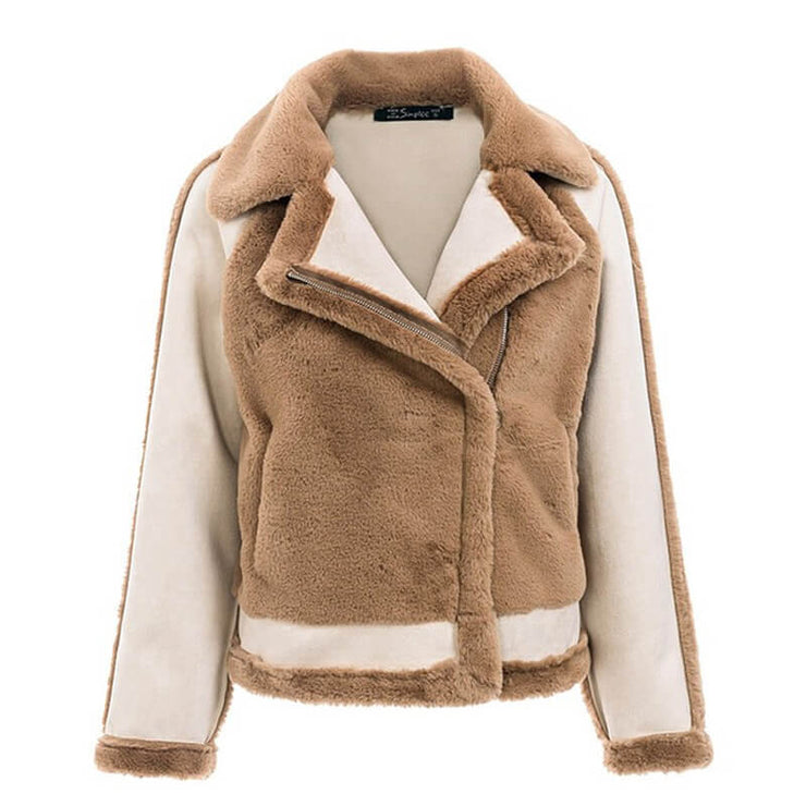 Teddy Faux Fur Color Block Jacket - Coffee and Caramel