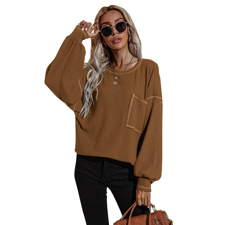 Waffle Knit Pocket Casual Top +COLORS