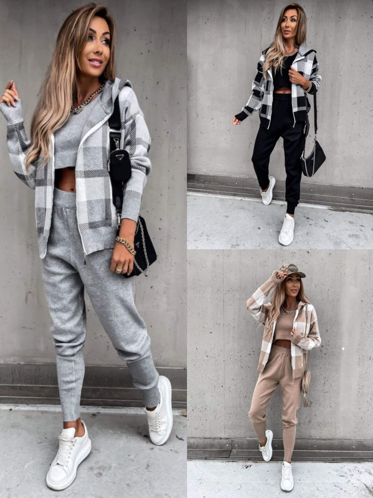 3 Piece Knitted Plaid Hoodie Crop Top Jogger Set +COLORS +SIZES