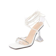 "She's A 10" Stud Clear Stem Heel Strap Heels- White, Brown