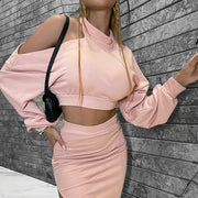 Pink 2 Piece One Shoulder Long Sleeve Split Skirt Set