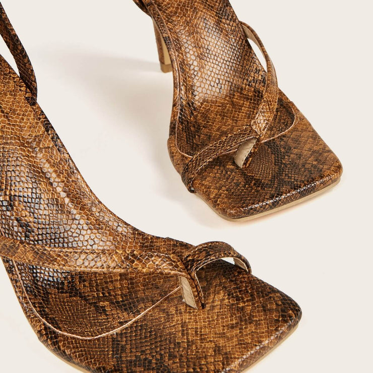 Caramel Coffee Snakeprint Ankle Wrap Heel Sandals