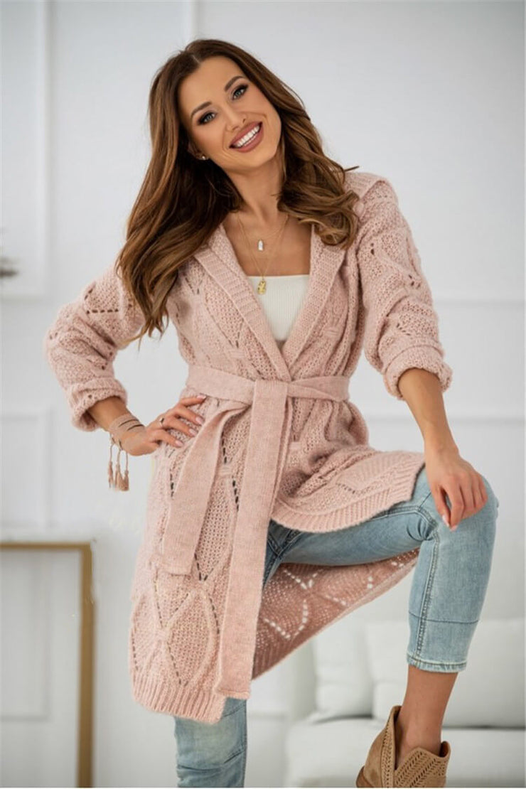Long Cozy Knitted Belted Hoodie Cardigan Sweater +COLORS