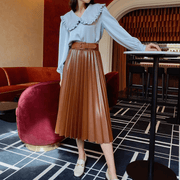 High Waist A-Line Pleated Faux Leather Skirt