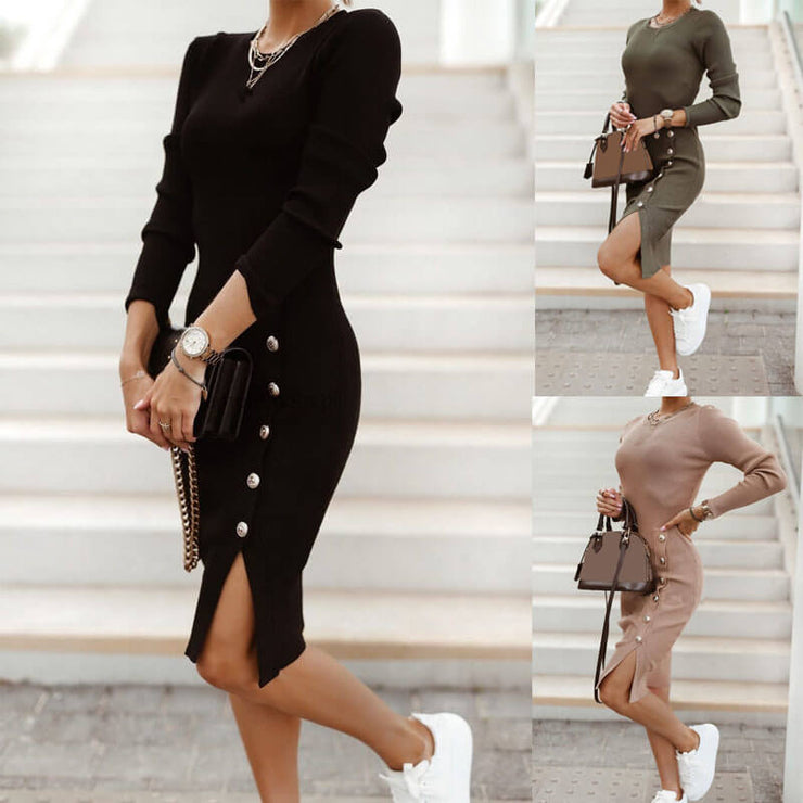 Alexa Ribbed Front Split Button Sweater Dress +COLORS
