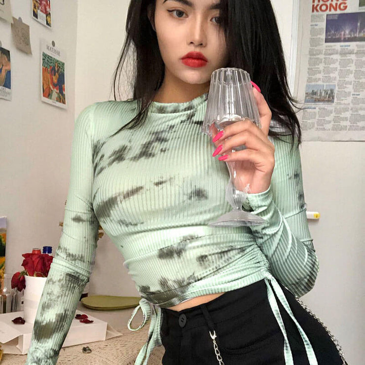 Long Sleeve Cropped Tie-Dye Top- Sage and White +SIZES