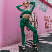 Emerald Green 2 Piece Long Sleeve Crop & Trouser Set