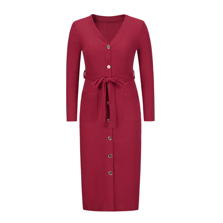 Comfy Chic Knitted Button Belted Midi Dress +COLORS