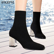Luxury Clear Heel Fitted Sock Booties- Grey & Black