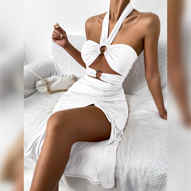 Athena Sexy Cutout Slit Drawstring Midi Dress- White and Cream
