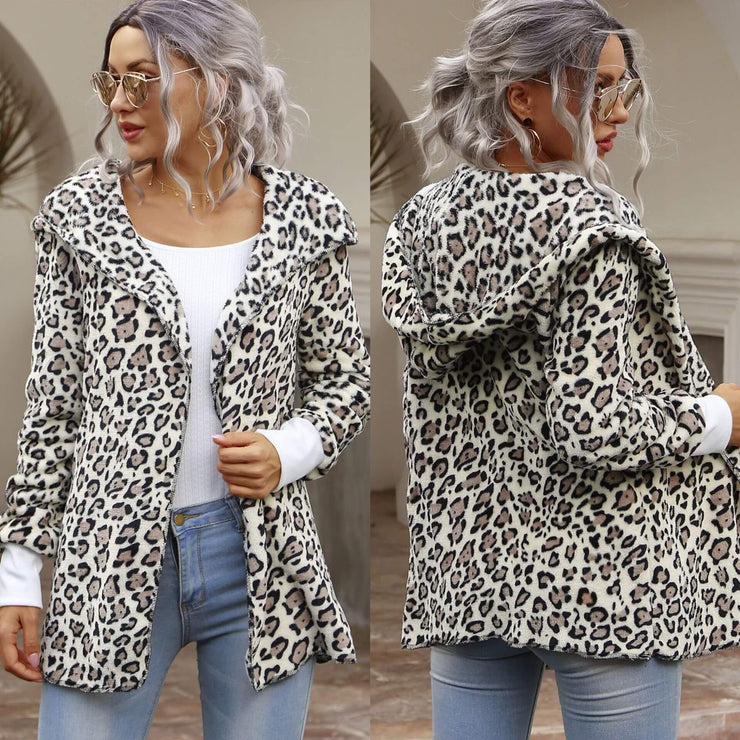 Warm Winter Leopard Print Hooded Cardigan Jacket