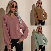 Waffle Knit Pocket Casual Top +COLORS